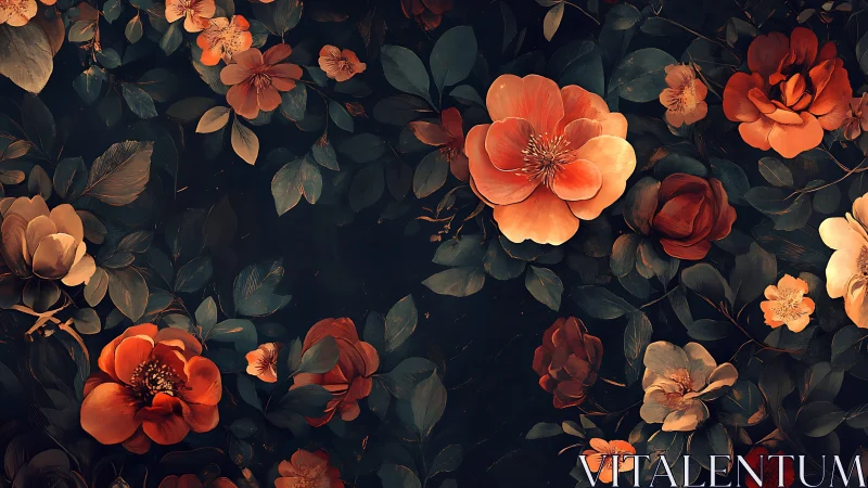 Romantic Florals. Dark Blooms Against Deep Background.