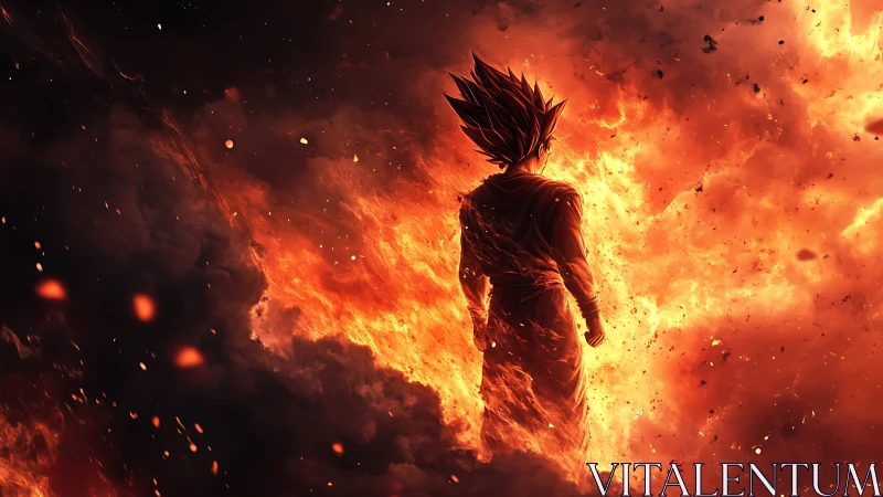 Fiery anime warrior silhouette within dense blazing smoke.