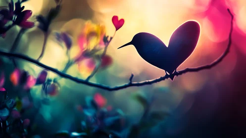 Heart-shaped bird silhouette on branch with flowering background