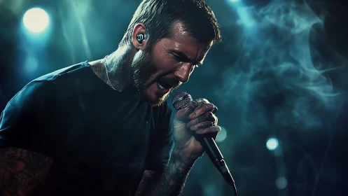 Dramatic low-key portrait captures tattooed rock vocalist live