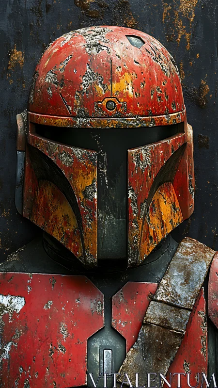 Battle-worn red sci-fi armor with rugged, heroic charm.