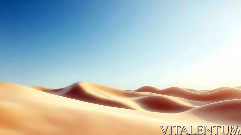 Sunlit desert waves roll beneath a boundless blue sky.