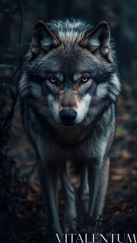 Wolf stands in dim forest setting and faces the camera directly