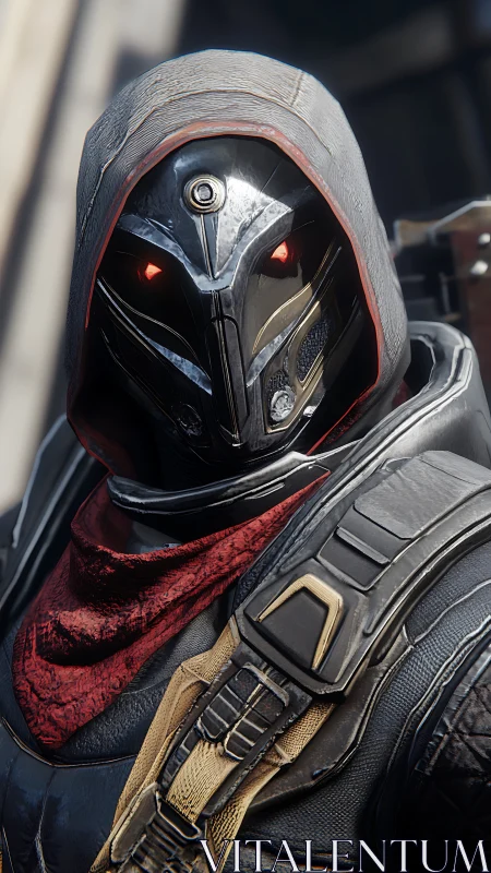 Hooded cyber assassin portrait with glowing red visor.