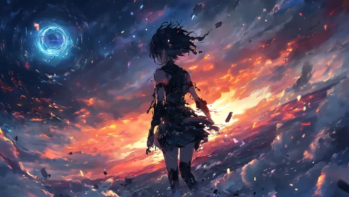 Silhouetted figure stands before vortex in luminous sky