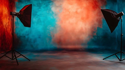 Studio strobes frame bicolor textured backdrop with softboxes.