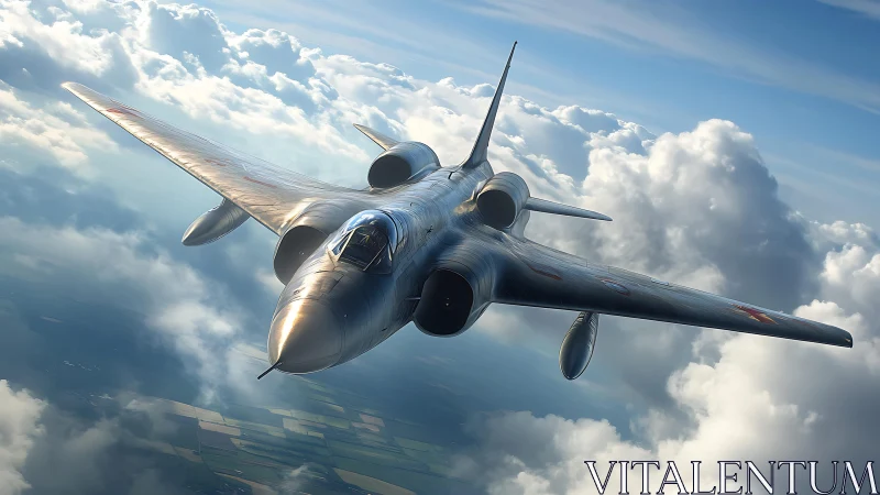 Sleek jet bomber slicing through luminous cumulus clouds.