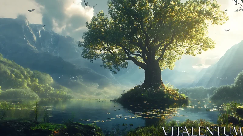 Solitary lake tree quietly crowns a mist-bright valley