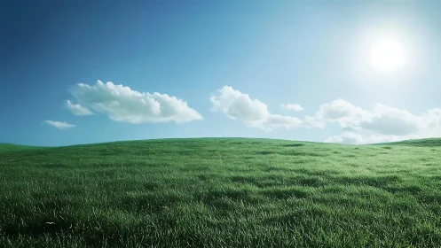 Sunlit grassy hillside under clear blue sky with cumulus cloudband