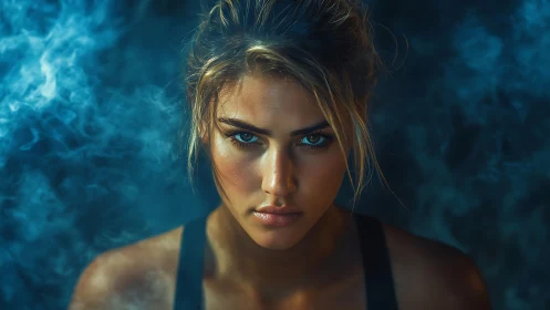 Intense female portrait framed by cinematic blue atmospheric haze