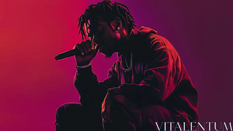 Silhouetted rapper kneeling under red and purple stage light.
