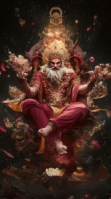 Seated mythic figure on ornate throne with floating debris.