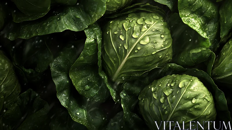 Green cabbage heads show wet leaves with clear water drops