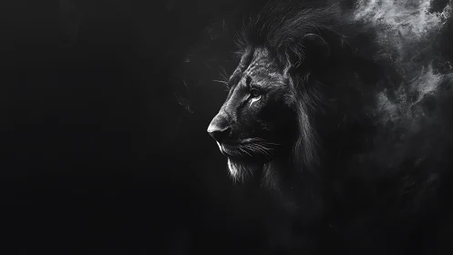 Regal lion emerging from shadows in soft monochrome glow.