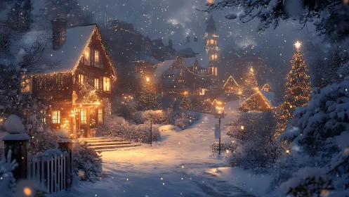 Snow-laden village street with incandescent festive illumination.