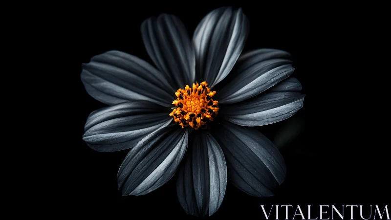 Black Petaled Bloom with Golden Stamen Against Deep Black Background.