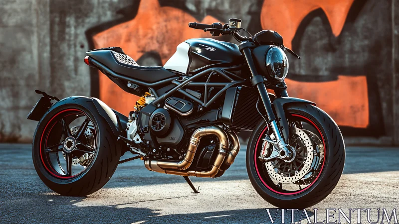 Urban predator motorcycle poised against graffiti dusk wall.
