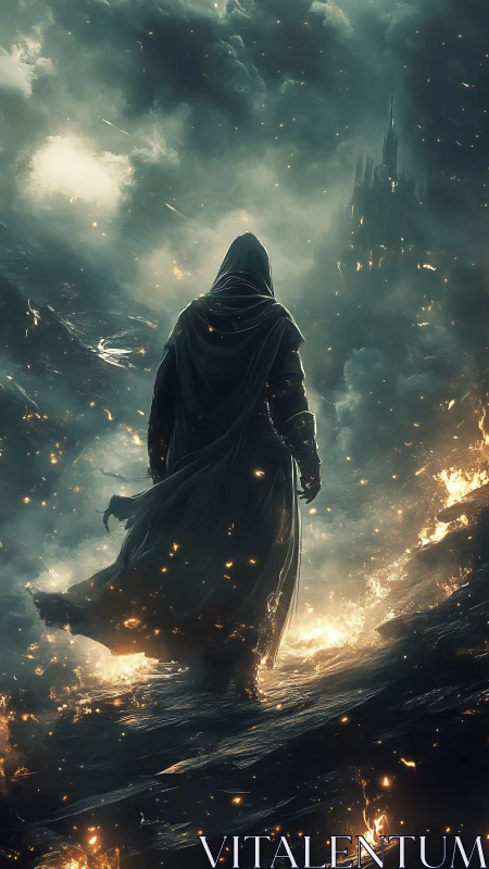 Hooded wanderer crossing burning ridge toward obsidian citadel.