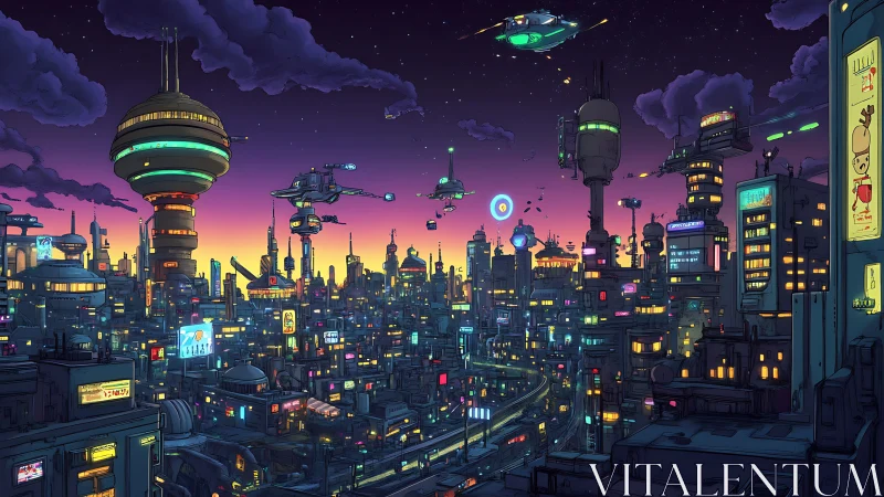 Dense neon megacity skyline under twilight with layered traffic lanes