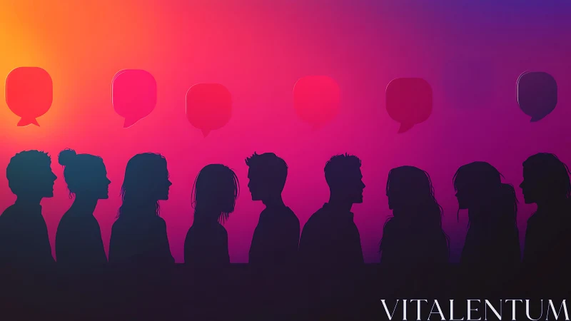 Silhouetted voices drift beneath glowing speech bubble constellations