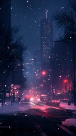 Snowy neon city street glows softly under a winter night sky