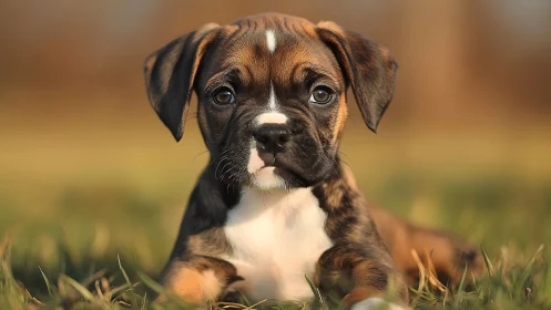 Boxer puppy lying on grass in soft outdoor daylight.