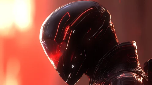 Futuristic armored helmet in red sci fi lighting profile