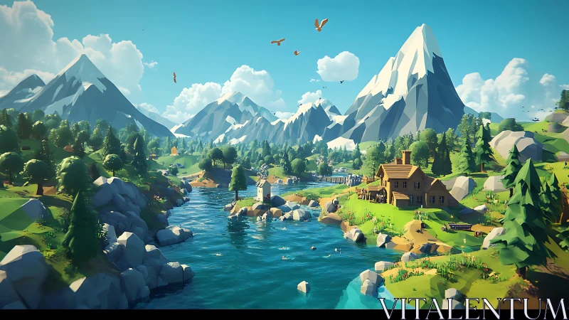 Low poly mountain valley river frames wooden lakeside cabin
