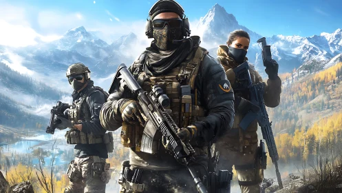 Elite tactical squad advances through icy mountain valley