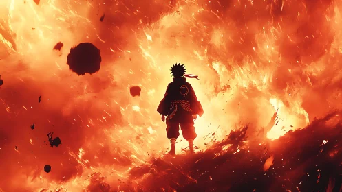 Blazing anime hero stands tall before a roaring inferno sky
