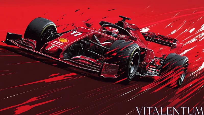 Red Formula 1 race car illustration on stylized track background.