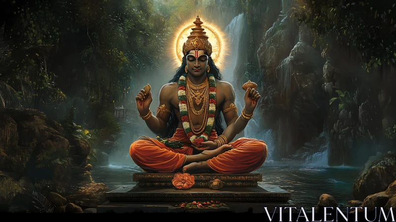 Digital rendering shows seated deity figure in forest setting