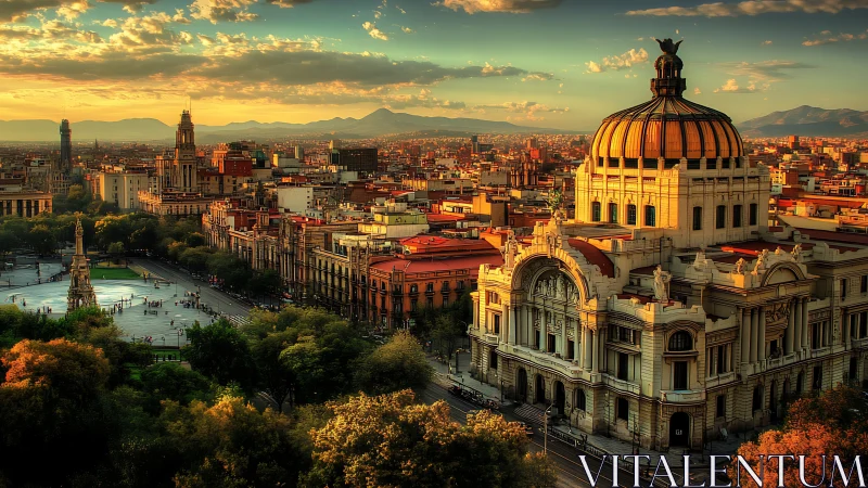 Sunlit dome and historic cityscape under warm atmospheric haze