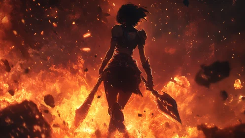 Bladed ember warrior striding through an ocean of fire.
