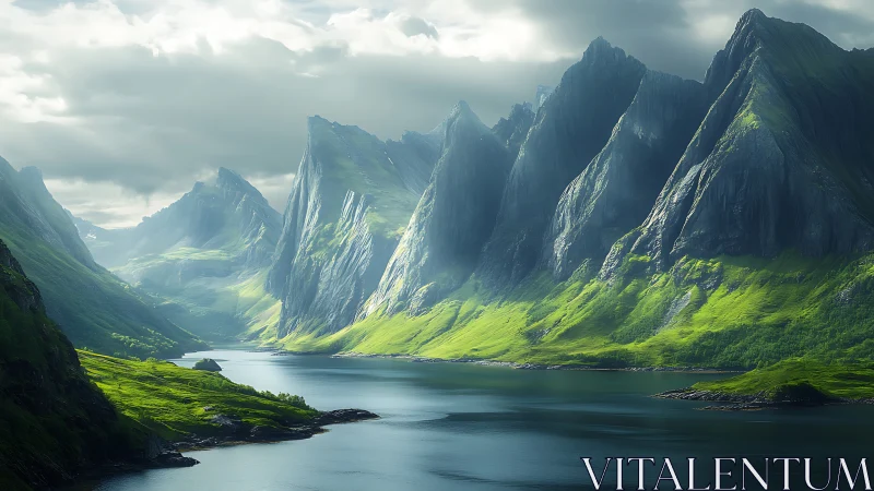 Emerald fjord valley under towering misted granite peaks.