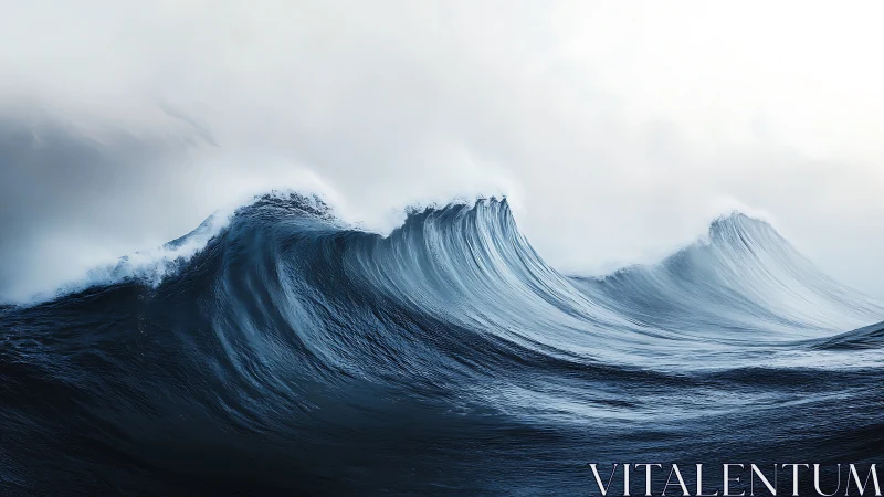 Roaring ocean swells rise beneath a pale misty sky.