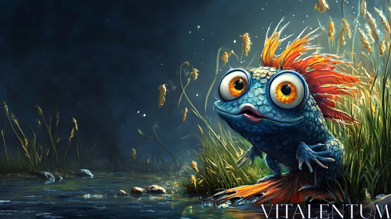Whimsical amphibious creature in luminous marsh habitat.