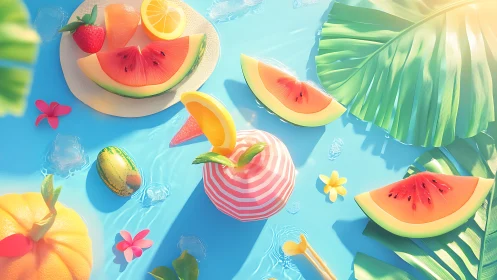 Vibrant summer poolscape with stylized fruit and sunlight.