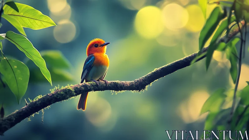 Vibrant orange and blue bird on mossy branch in dreamy forest light.