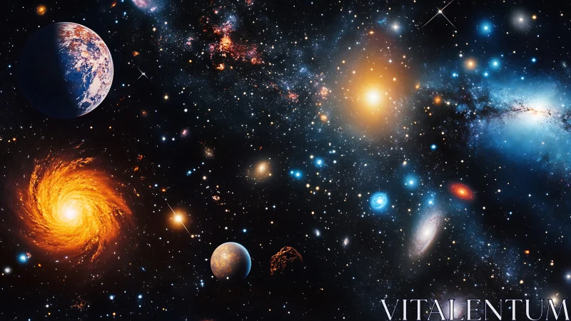 Multi-galaxy deep space panorama with planets and nebulae