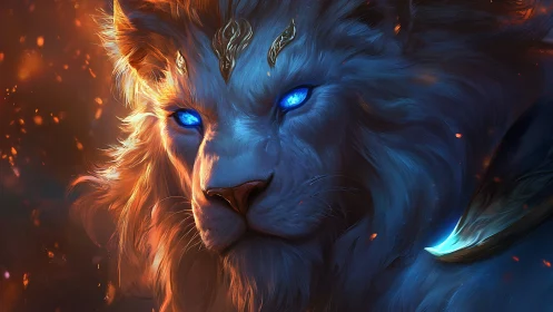 Celestial ember-lion gazes through blazing sapphire starlight.