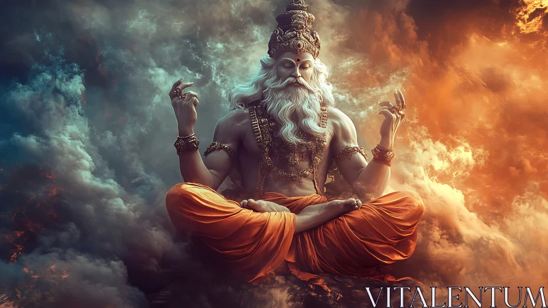 Serene celestial sage meditating between stormy skies.
