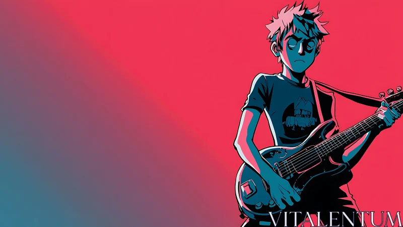 Stylized rock guitarist rendered in bold neon duotone.