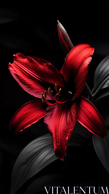 Red Amaryllis Flower Against Black Background