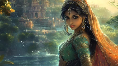 Regal woman in jeweled sari before misty riverside citadel.