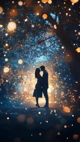 Silhouetted couple stands beneath bare branches with bokeh lighting