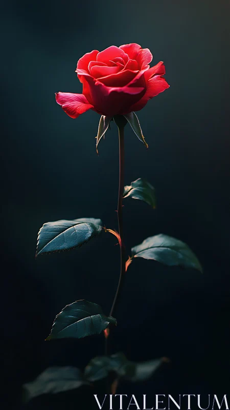 Red rose with layered petals photographed against dark background