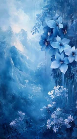Cerulean alpine blossoms in ethereal misted landscape.