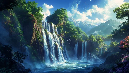 Multi-tiered waterfalls cascade through dense forest valley