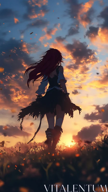 Backlit red haired wanderer in tattered dress at fiery sunset